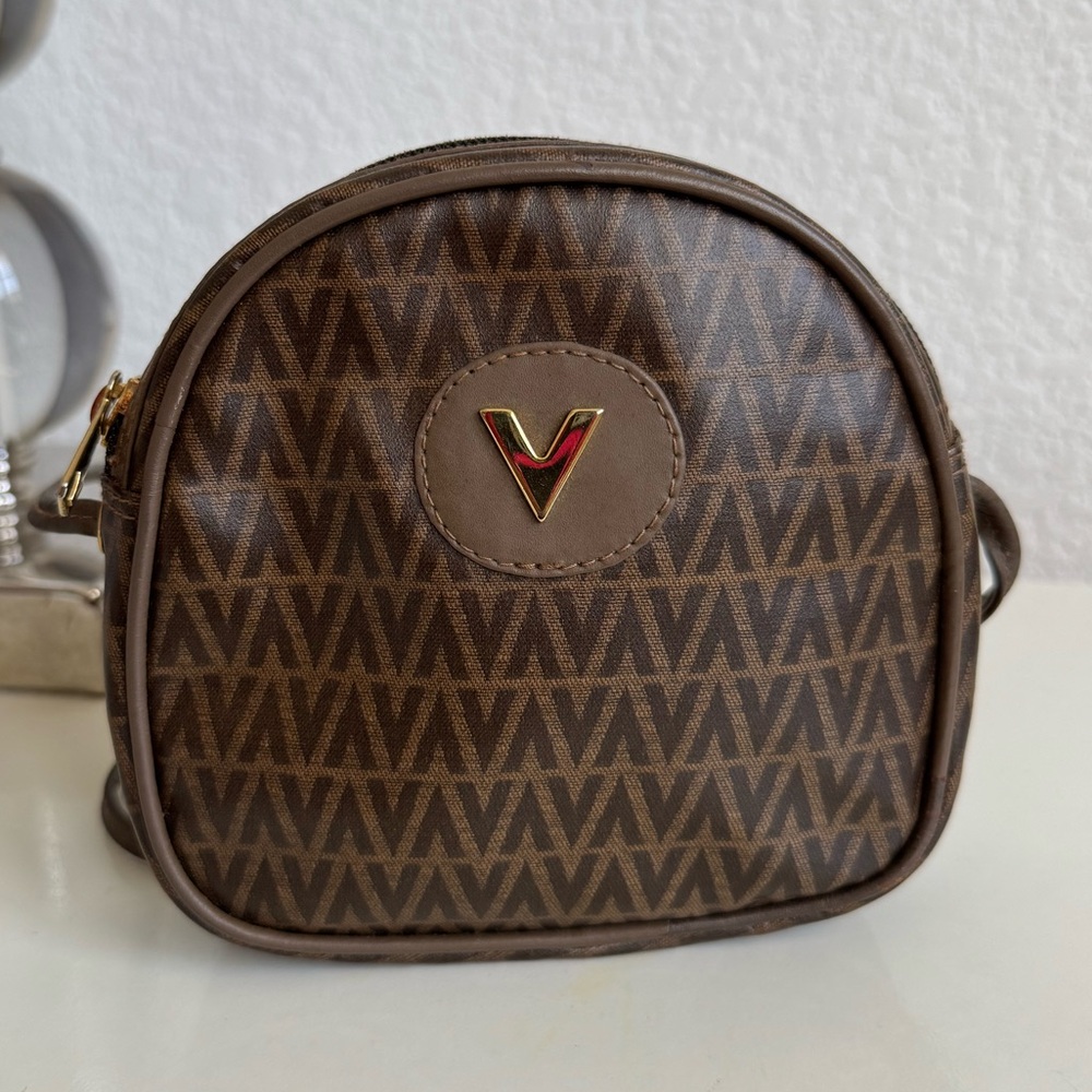 Mario Valentino Brown Monogram Crossbody Bag with Gold V Accent